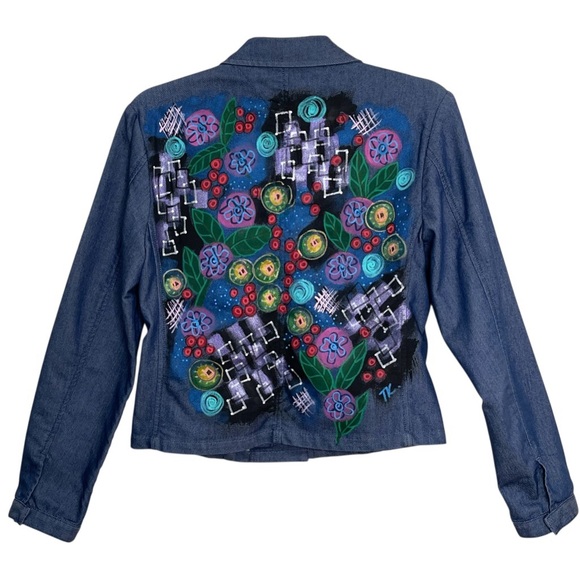 VTG Tommy Hilfiger Blue Denim Jacket  Art to Wear Snap Buttons Hand Painted Sz 4 - Picture 1 of 15